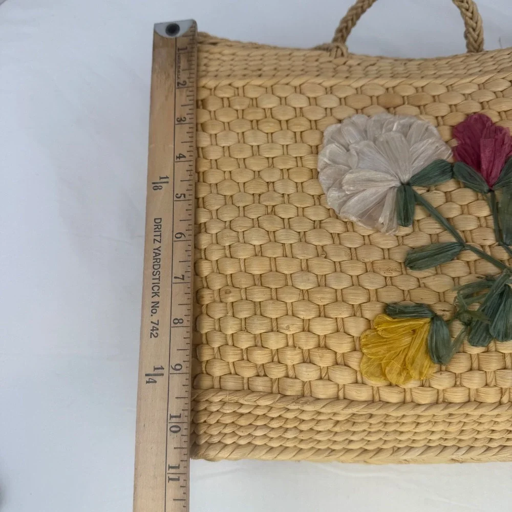 Vintage Woven Straw Tote Bag Raffia Floral Embroidery Boho Basket Beach Bag Tan - Picture 11 of 14